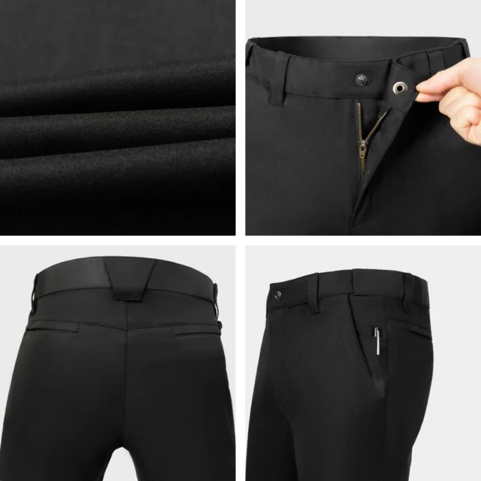 Close-up detail of outdoor hiking pants fabric, waistband and zipper construction for durability and comfort