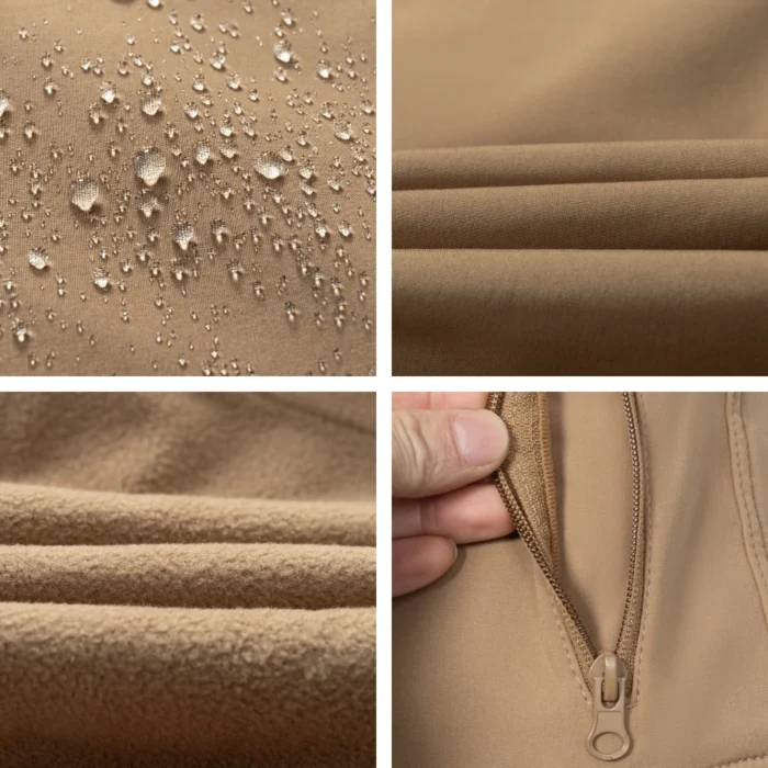 Softshell hiking pants detail image showing water-repellent softshell fabric, fleece lining and durable zipper construction