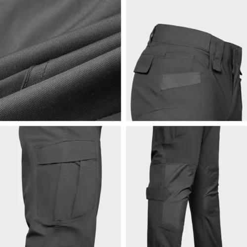 Close-up details of tactical work pants showing durable fabric texture, reinforced stitching, and functional cargo pockets built for demanding work conditions.