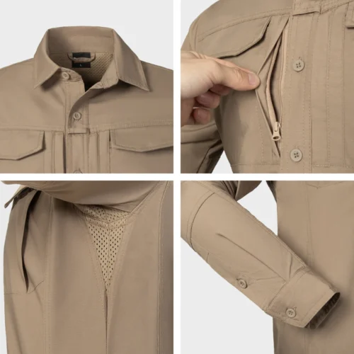 Tactical Long Sleeve Shirt detail view showing fabric texture, ventilation mesh, zipper pocket and reinforced stitching for durability.