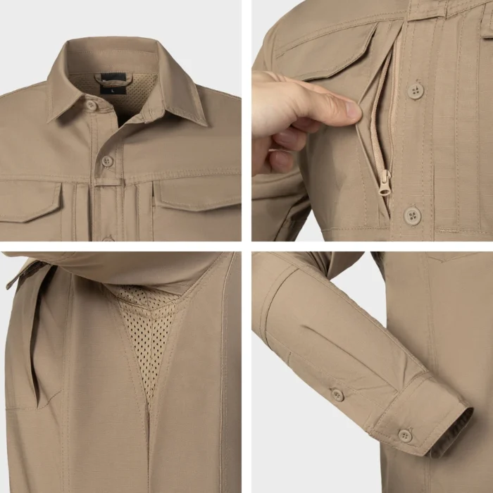 Tactical Long Sleeve Shirt detail view showing fabric texture, ventilation mesh, zipper pocket and reinforced stitching for durability.