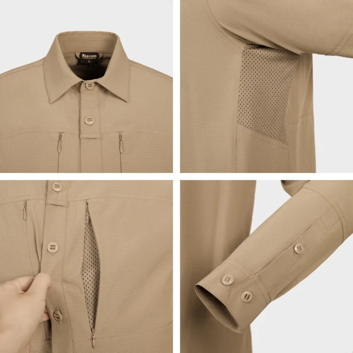 Outdoor Shirt detail view showing lightweight fabric, ventilation mesh panels, zipper pocket and reinforced stitching for outdoor use.