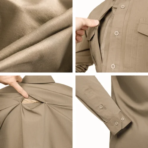 Tactical Long Sleeve Shirt detail view showing fabric texture, functional pockets, ventilation panels and reinforced stitching for durability.