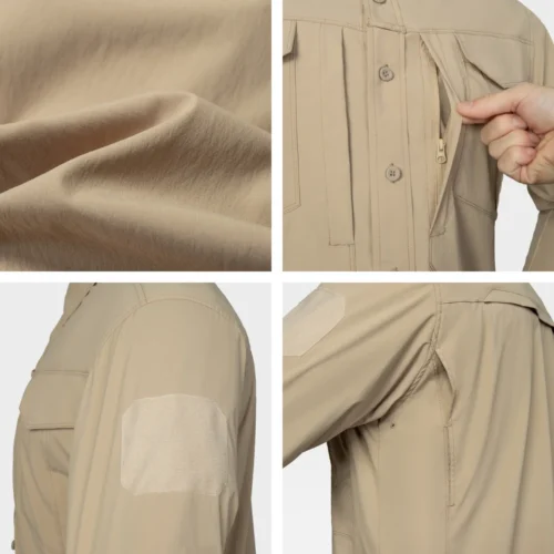 Tactical Long Sleeve Shirt detail view showing fabric texture, zipper pocket, hook-and-loop patch area, ventilation panels and reinforced stitching.