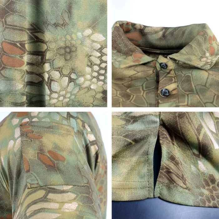 Tactical Polo Shirt detail view showing python camouflage fabric, collar construction, stitching quality and breathable structure for tactical use.