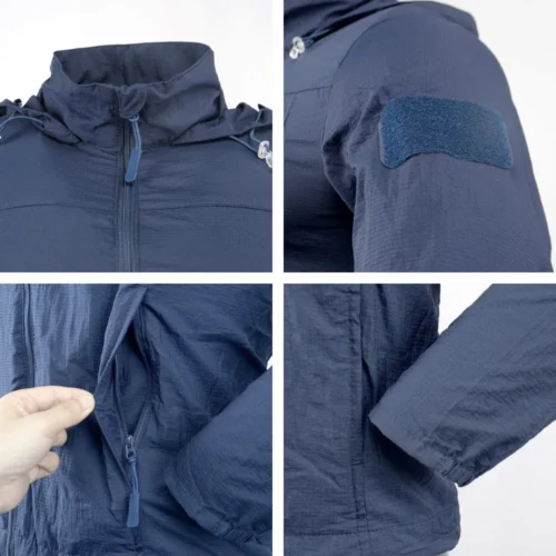 Close-up view of quick-dry tactical jacket details, featuring lightweight fabric texture, smooth zipper closure, adjustable cuffs, and Velcro patch areas for professional tactical and security use.