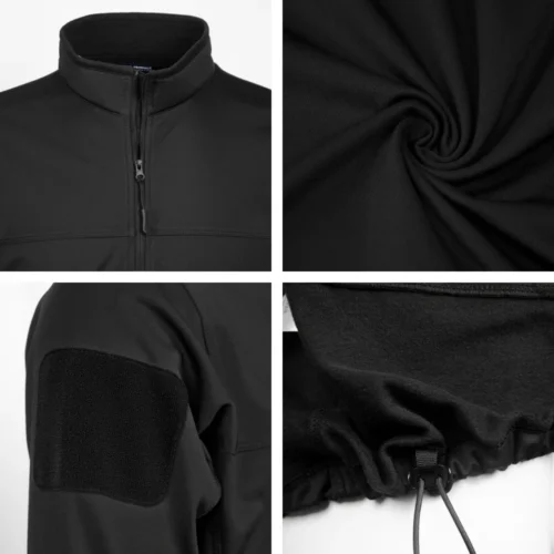 Close-up details of tactical fleece jacket including soft fleece fabric, Velcro arm patch area, durable stitching, and adjustable hem drawcord.
