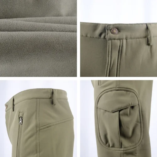 Close-up detail of tactical softshell pants showing stretch fabric texture, reinforced seams, and functional pockets designed for long-duty and outdoor operations.