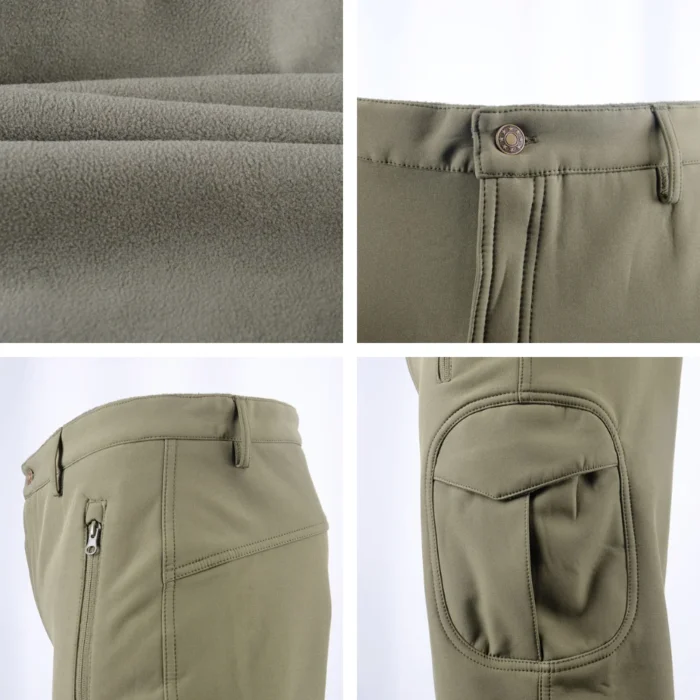Close-up detail of tactical softshell pants showing stretch fabric texture, reinforced seams, and functional pockets designed for long-duty and outdoor operations.