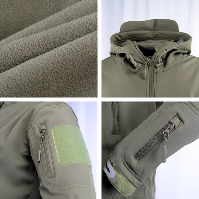 Close-up details of army green tactical softshell jacket showing durable stretch fabric, arm pockets with zipper closure and Velcro patch area for tactical identification.