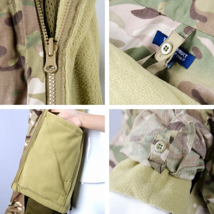 Detail view of CP camouflage 3 in 1 tactical jacket, highlighting reinforced zipper, inner fleece lining, and adjustable cuff design for cold-weather tactical performance.