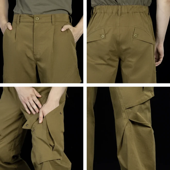 Close-up detail of outdoor cargo pants showing reinforced stitching, practical cargo pocket construction, and durable fabric designed for rugged outdoor environments.
