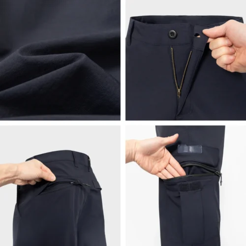 Close-up detail of lightweight tactical pants showing durable fabric texture, smooth zipper closure, and functional cargo pockets designed for high-mobility tactical and outdoor use.