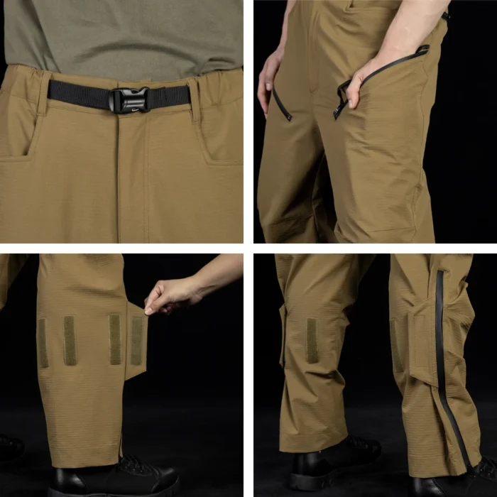 Close-up detail of outdoor cargo pants featuring adjustable cargo pockets, reinforced stitching, and durable zipper closures for reliable outdoor performance.