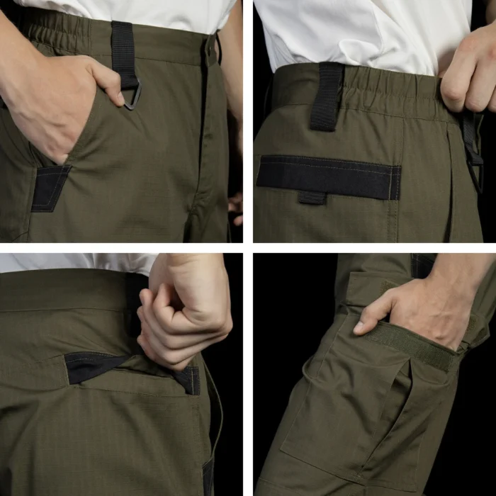Close-up view of tactical cargo pants showing reinforced waistband, utility pocket design, and durable stitching for professional tactical and workwear use.