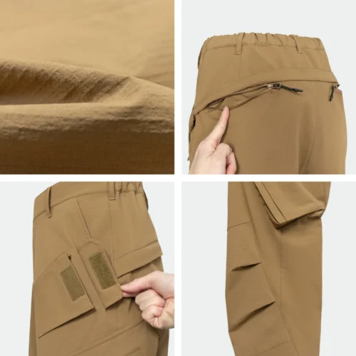 Close-up detail of outdoor cargo pants fabric showing textured surface, smooth zipper closure, and durable construction for outdoor work and tactical environments.