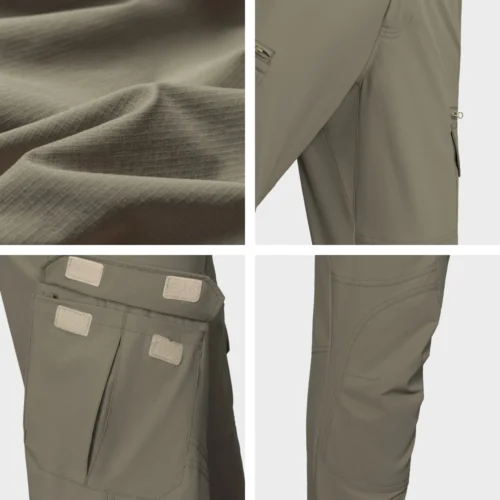 Close-up details of lightweight tactical pants fabric and cargo pockets, showing breathable texture, reinforced seams, and secure pocket construction for tactical and outdoor use.