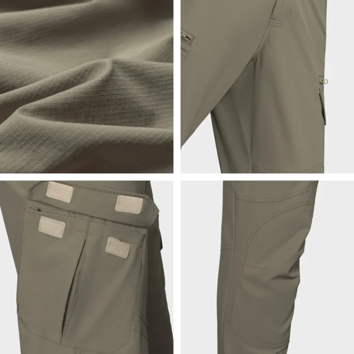 Close-up details of lightweight tactical pants fabric and cargo pockets, showing breathable texture, reinforced seams, and secure pocket construction for tactical and outdoor use.