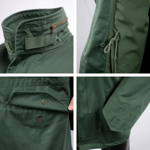 Close-up detail view of M65 tactical jacket showing reinforced stitching, utility pockets, adjustable cuffs, and durable fabric construction for military and outdoor use.