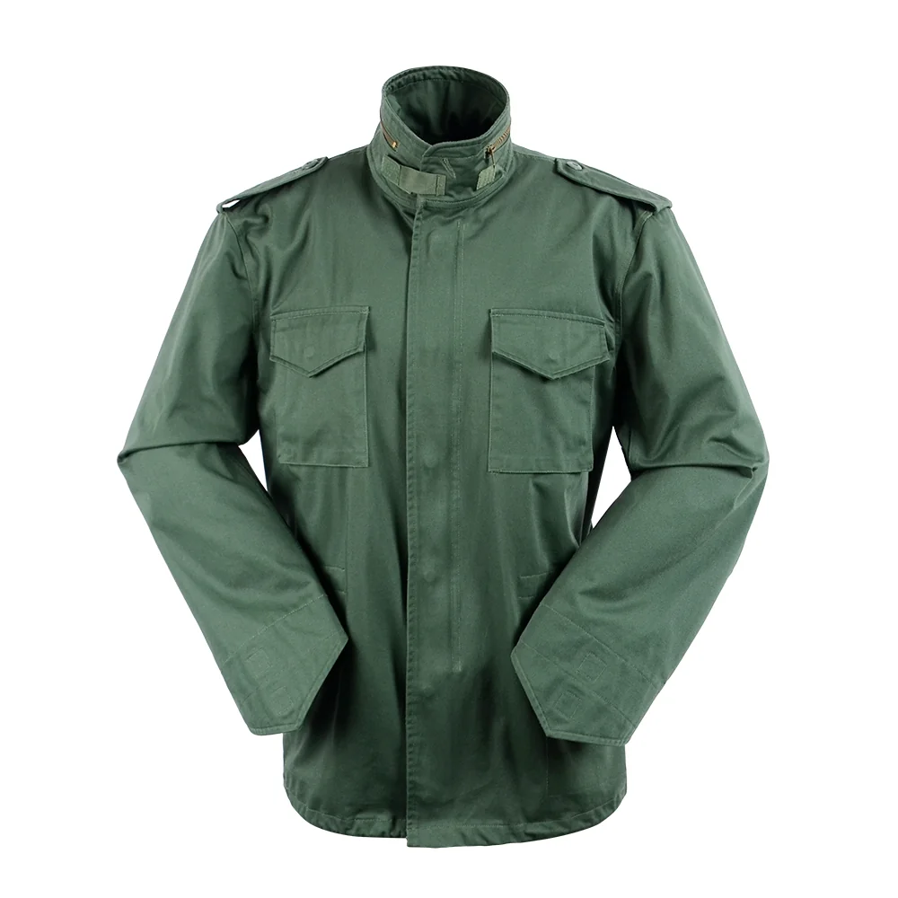 Front view of olive green M65 tactical jacket with classic four-pocket design, durable construction, and timeless military-style appearance.