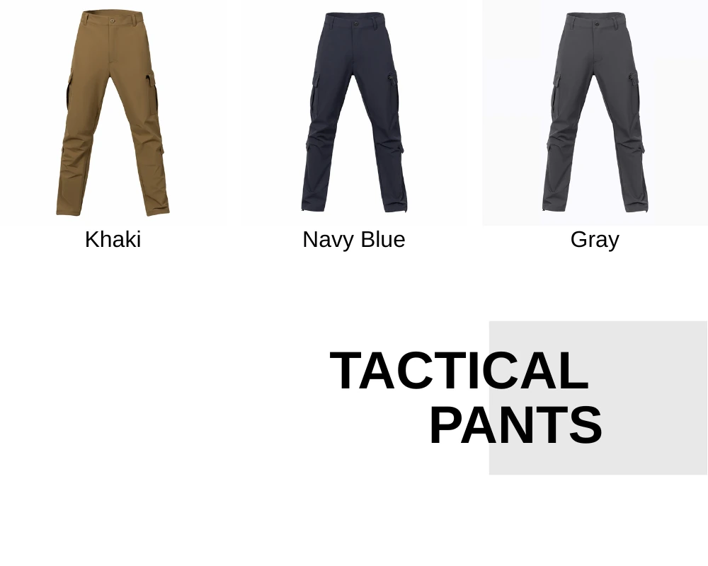 Color options display of lightweight tactical pants including khaki, navy blue, and gray, ideal for OEM customization, tactical teams, outdoor workwear, and uniform programs.