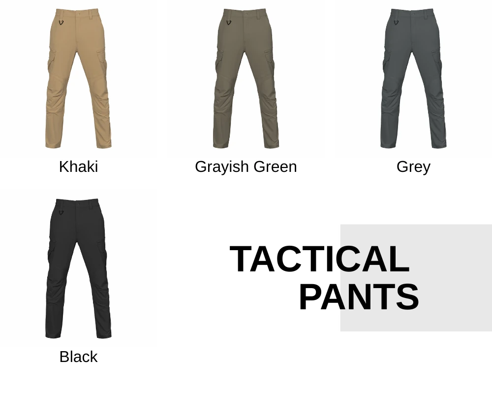Color options of lightweight tactical pants including khaki, grayish green, grey, and black, suitable for outdoor, tactical, and uniform customization projects.