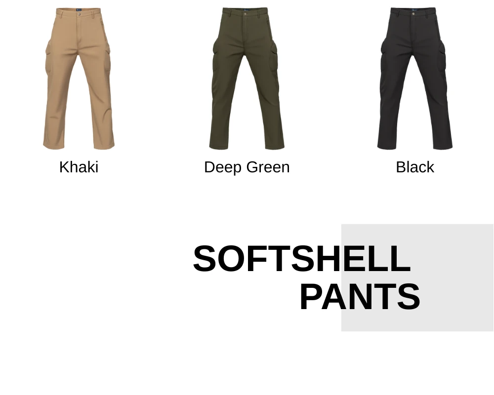 Softshell hiking pants available in khaki deep green and black for outdoor and hiking use