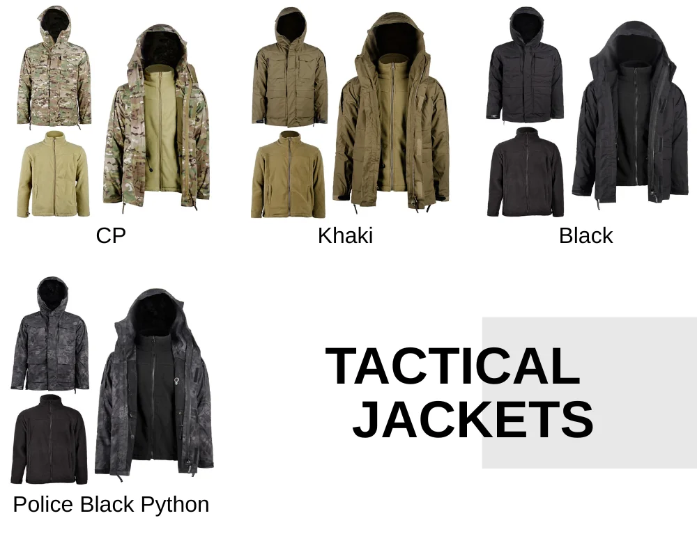 Color selection image of 3 in 1 tactical jackets, including black, khaki, CP camo and python camo options, suitable for OEM, uniform supply, and bulk orders.