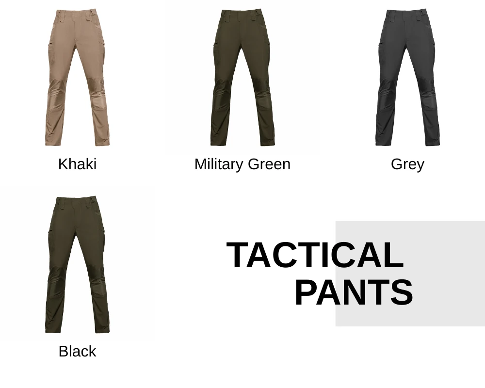 Color selection chart of tactical work pants available in black, khaki, military green, and grey, suitable for uniform programs, wholesale supply, and B2B procurement.