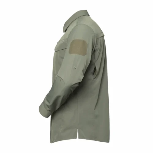 Tactical Long Sleeve Shirt shown in green side view with structured sleeve construction and ergonomic cut for tactical movement.