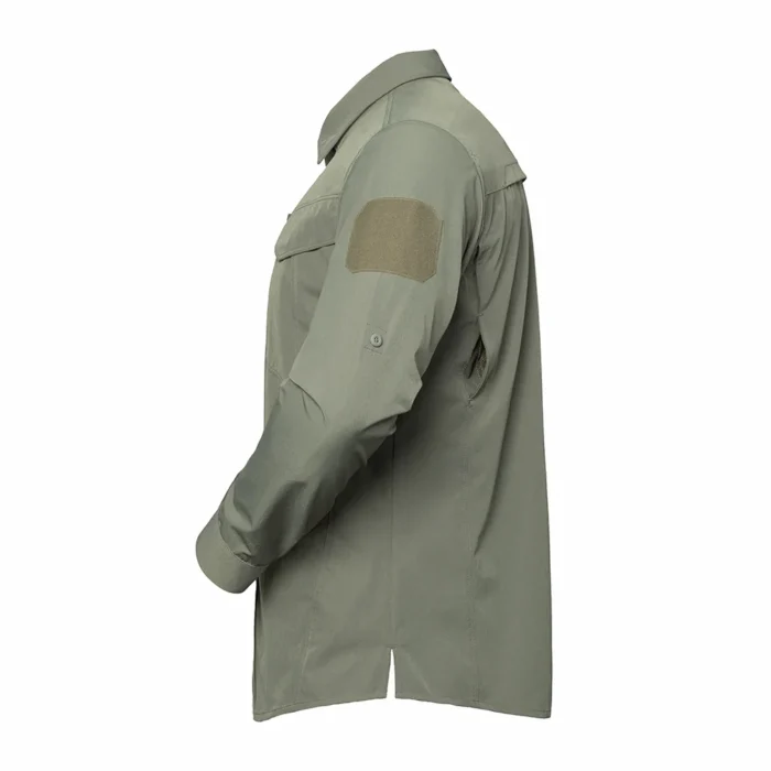 Tactical Long Sleeve Shirt shown in green side view with structured sleeve construction and ergonomic cut for tactical movement.