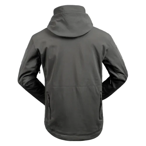 Back view of black tactical softshell jacket with streamlined cut, reinforced stitching and extended coverage, designed for professional security and tactical outdoor activities.