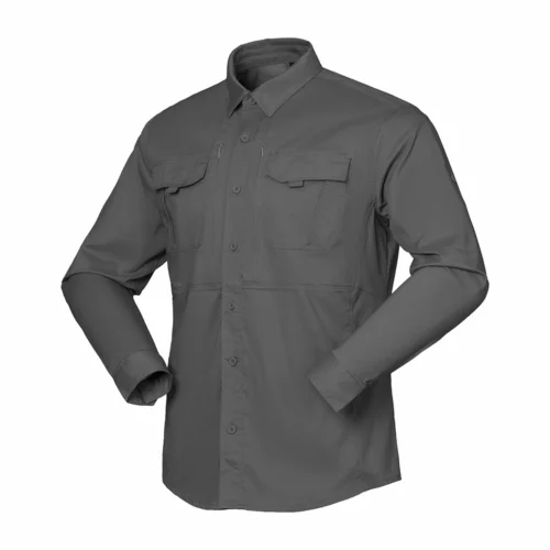 Grey Tactical Long Sleeve Shirt Front View – Lightweight Utility Design