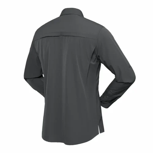 Tactical Long Sleeve Shirt shown in gray back view featuring reinforced panel construction and clean back structure for durability.
