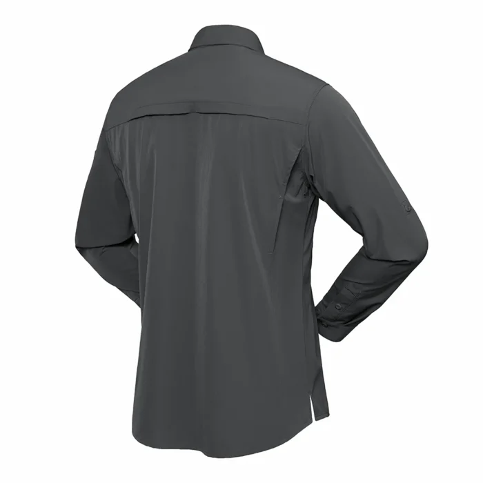 Tactical Long Sleeve Shirt shown in gray back view featuring reinforced panel construction and clean back structure for durability.