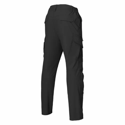 Black lightweight tactical pants back view showcasing reinforced seat area, elastic waistband section, and streamlined rear pockets for enhanced comfort and mobility.