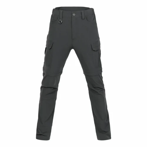 Grey tactical cargo pants with detachable leg design, stretch fabric, front view for tactical and outdoor use