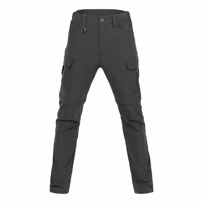 Grey tactical cargo pants with detachable leg design, stretch fabric, front view for tactical and outdoor use