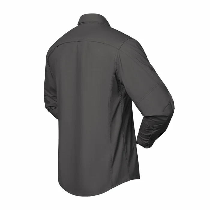 Tactical Long Sleeve Shirt shown in gray back view featuring clean panel construction and reinforced seams for long-term wear.