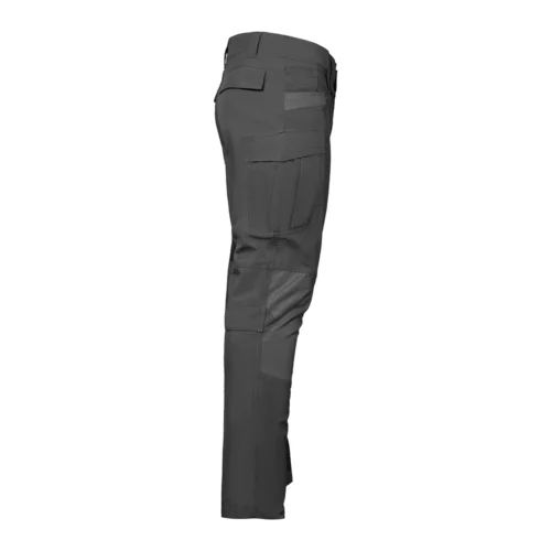 Side view of grey tactical work pants highlighting streamlined workwear profile, multi-functional pockets, and durable construction for industrial and tactical tasks.