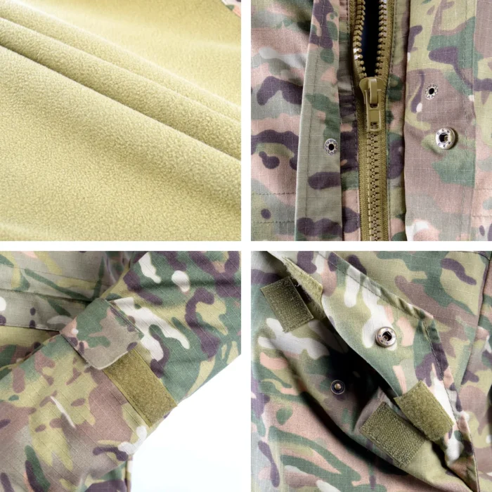 Close-up details of tactical winter jacket including heavy-duty zipper, reinforced fabric and Velcro closures for operational reliability.