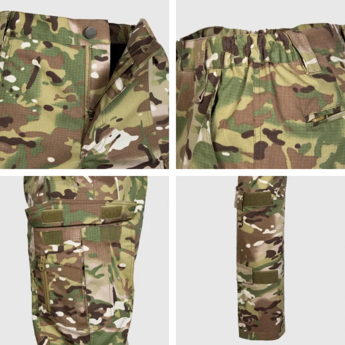 Close-up detail of CP camo tactical cargo pants showing waistband, zipper closure, cargo pockets, and reinforced stitching for professional tactical applications.