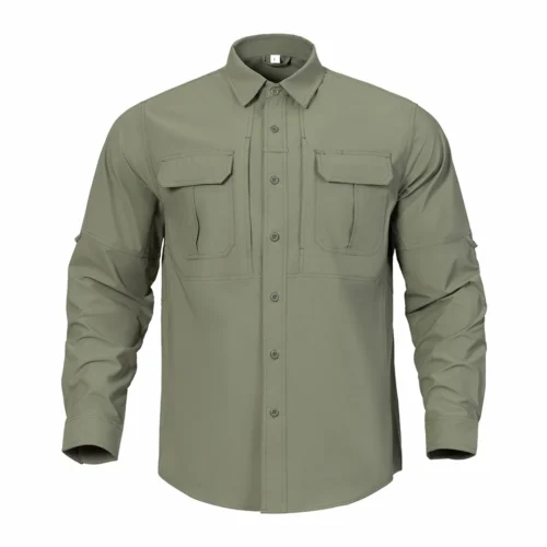Tactical Shirt shown in green front view with utility chest pockets and structured button closure for tactical applications.