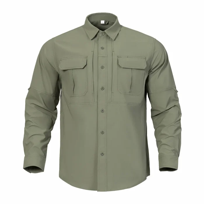 Tactical Shirt – Green Front View – Utility Chest Pocket Design Tactical Shirt shown in green front view with utility chest pockets and structured button closure for tactical applications.
