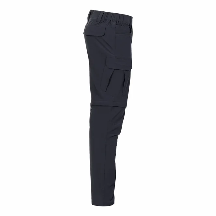 Navy tactical cargo pants side view with cargo pockets and articulated knee design