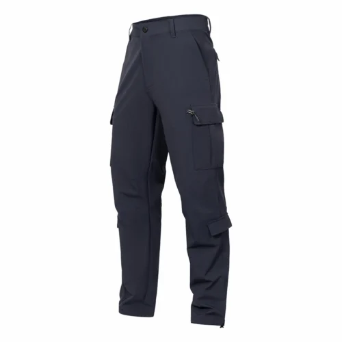 Angled front view of gray lightweight tactical pants highlighting a modern tactical silhouette, multi-pocket cargo structure, and breathable fabric suitable for work and outdoor use.