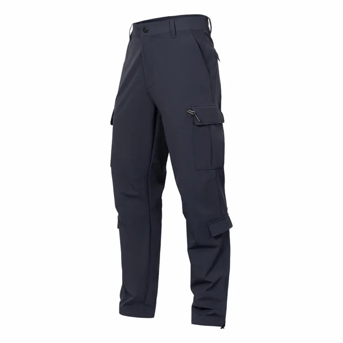 Angled front view of gray lightweight tactical pants highlighting a modern tactical silhouette, multi-pocket cargo structure, and breathable fabric suitable for work and outdoor use.