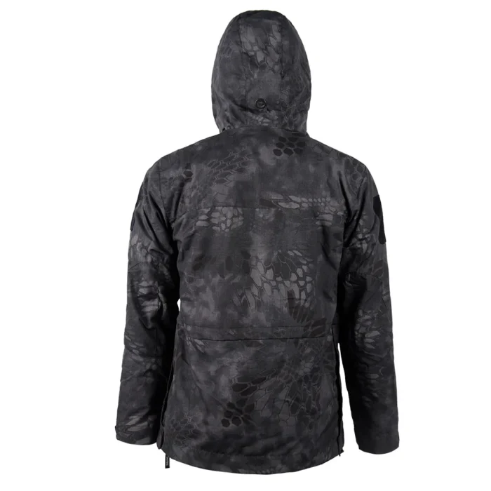 Back view of police black python camouflage 3 in 1 tactical jacket, showing hooded design and full-coverage outer shell for security and tactical winter use.