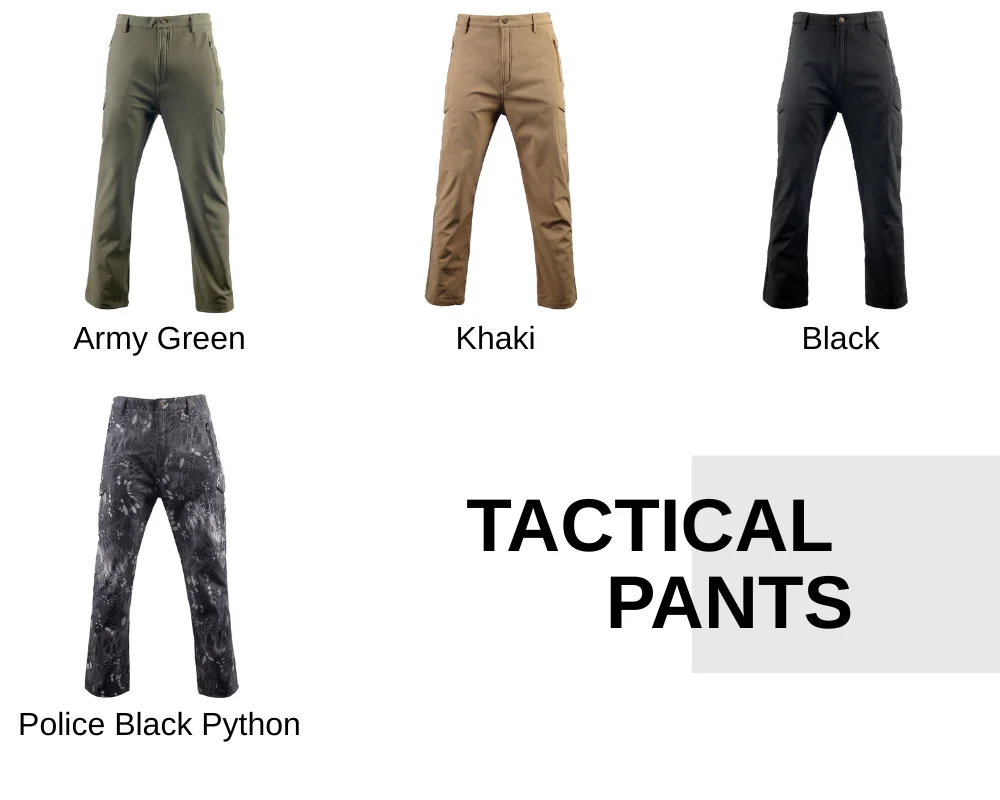 Color options overview of tactical softshell pants including army green, khaki, black, and camouflage, suitable for security teams, patrol duty, and outdoor workwear.