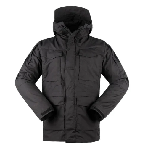 Front view of black 3 in 1 tactical jacket featuring detachable inner fleece and weather-resistant outer shell, designed for tactical, security, and cold-weather operations.